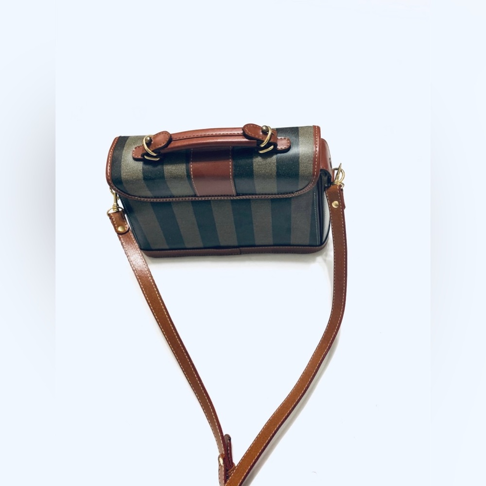 1980’s Vintage Structured Shoulder Bag - Striped Black, Grey and Brown - Picture 4 of 11